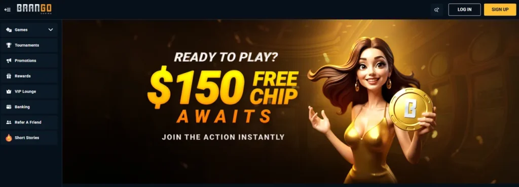 Casino Brango homepage screenshot showing the no deposit bonus signup area