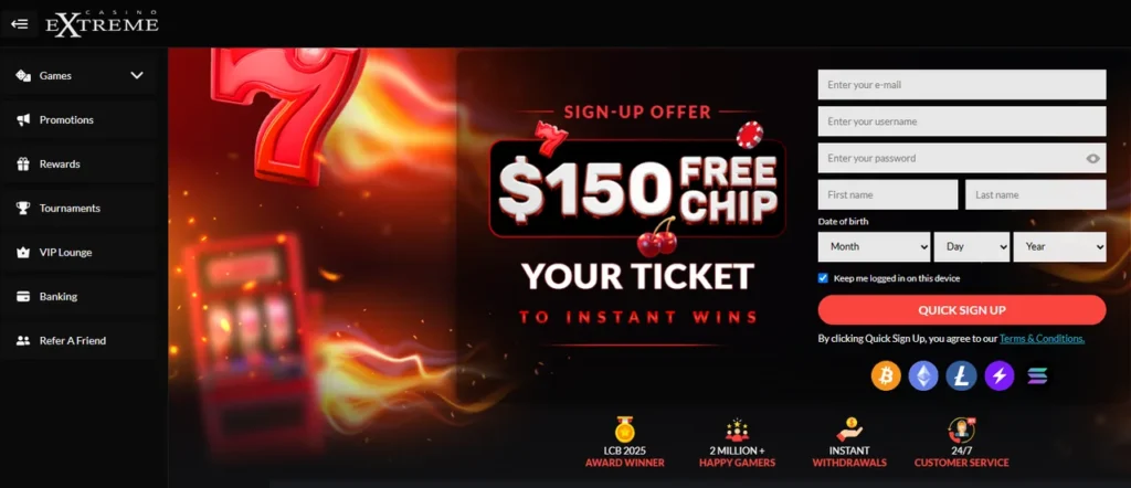 Casino Extreme homepage screenshot with the $250 no deposit free cash offer