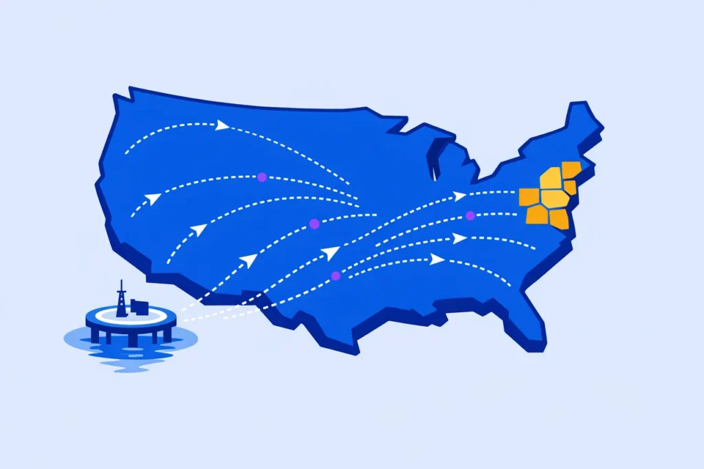 US free spins market map showing offshore-licensed access nationwide plus state-licensed operator segment in seven regulated states.