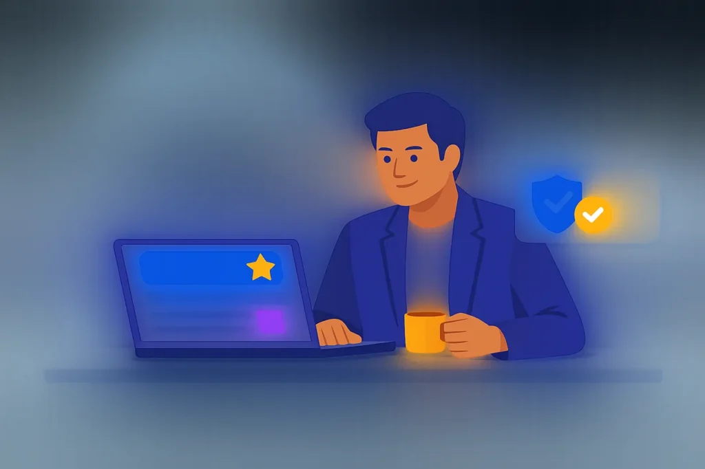 Editorial illustration of a person reviewing a no deposit bonus offer on a laptop with a verified terms notification
