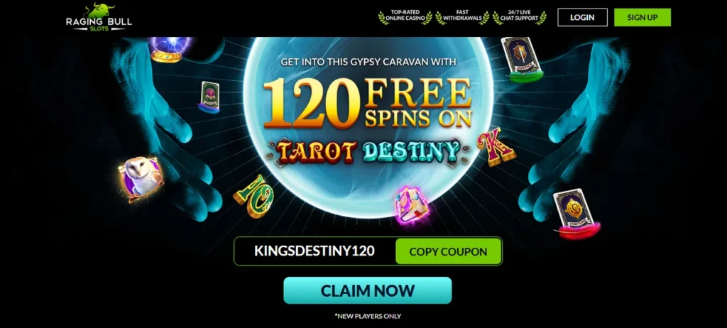 Raging Bull homepage screenshot with the 120 free spins on Tarot Destiny bonus