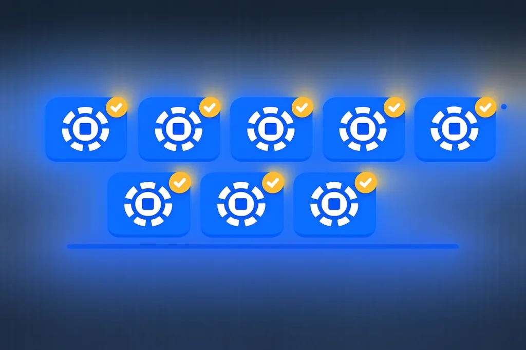 Row of seven identical stylised badge shapes representing the seven regulated US states with legal real-money online casinos