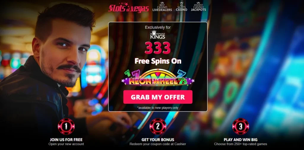 Slots of Vegas homepage screenshot with the 333 free spins on Neon Wheel 7s offer