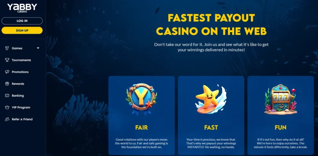 Yabby Casino homepage screenshot showing the 200 free spins no deposit bonus